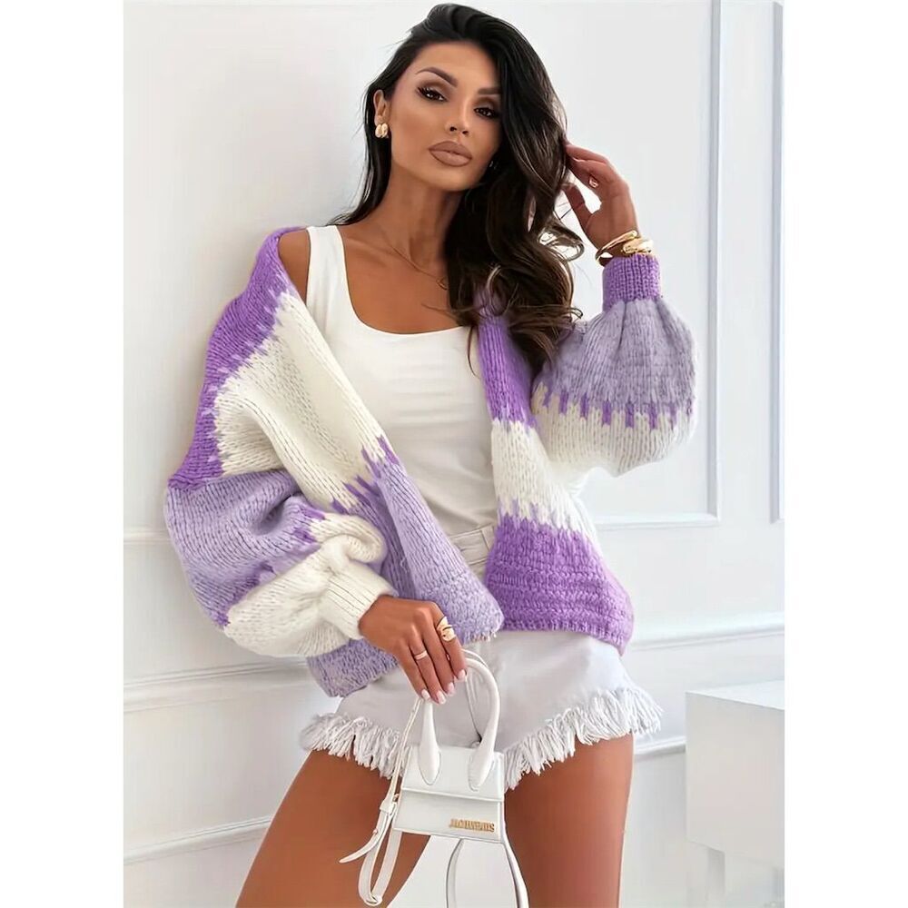 Bohemian XL Purple Open Knit Cardigan Sweater Balloon Sleeve Fall Hippie Cozy